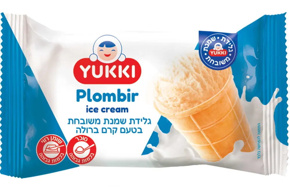 (52) YUKKI גלידת שמנת בטעם קרם ברולה  בגביע וופל אישי פלומביר 70גר