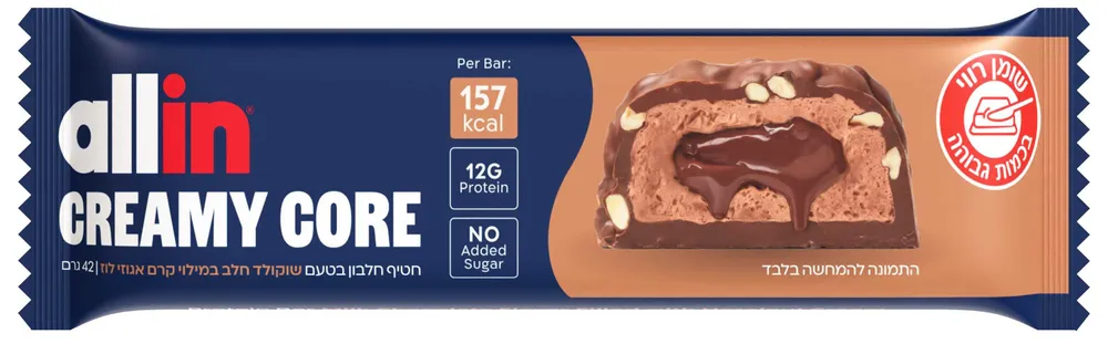 אולאין חטיף חלבון  קרימי קור בטעם שוקולד חלב במילוי קרם אגוזי לוז 42 גרם